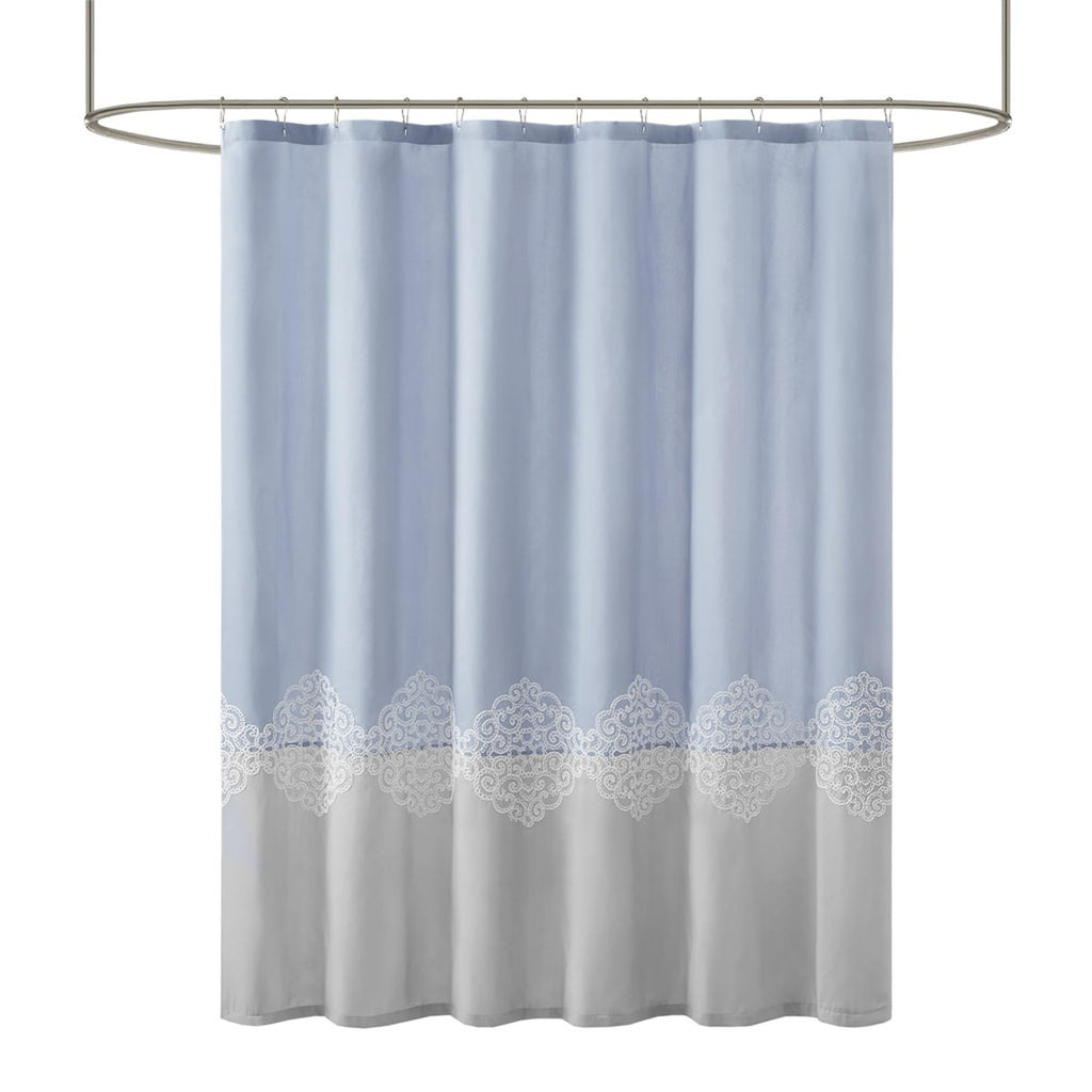 Blue Color Block Shower Curtain 72x72 w/ Lattice Embroidery Design