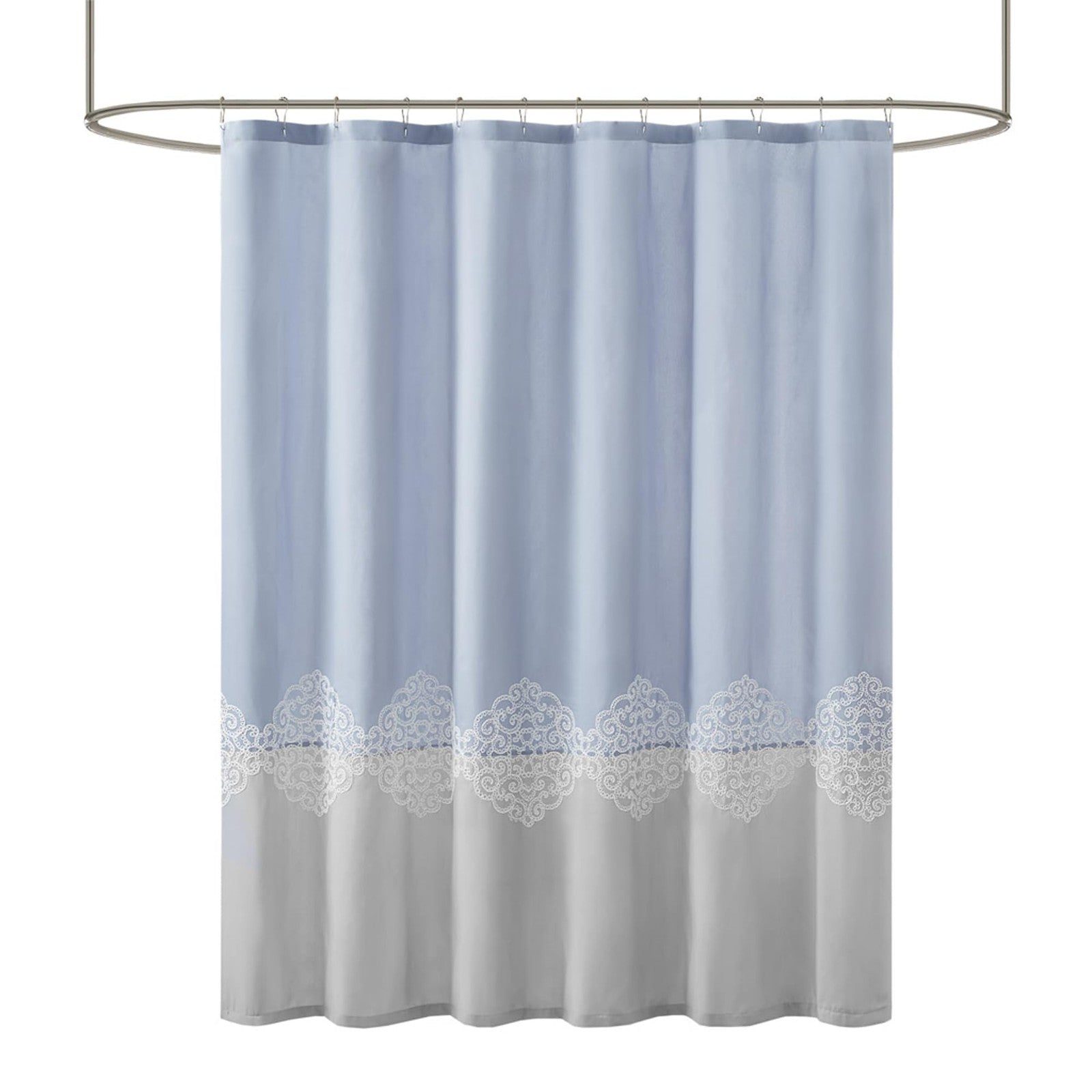 Blue Color Block Shower Curtain 72x72 w/ Lattice Embroidery Design