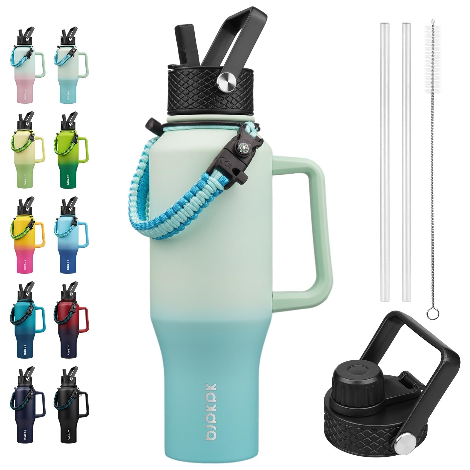 Mint Metal Water Bottle 35oz w/ Straw Lid & Paracord Strap, Insulated