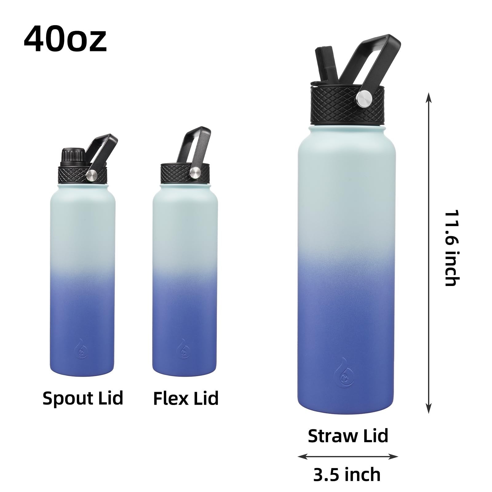 40oz Sky Insulated Water Bottle, 3 Lids, Stainless Steel, BPA Free