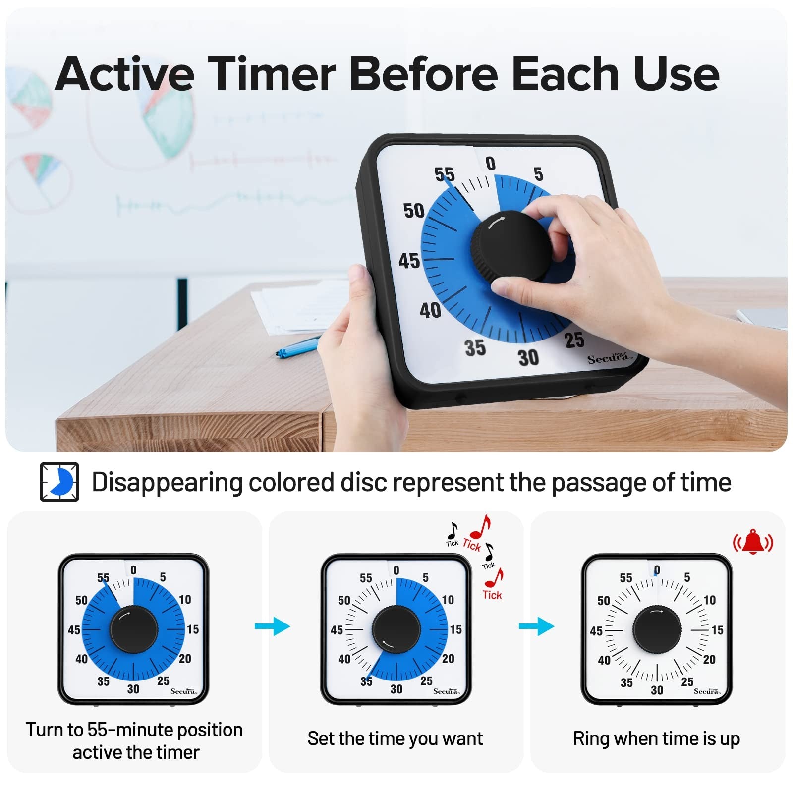 Oversize 7.5 In Countdown Timer, Visual Timer for Kids & Adults, Navy Blue