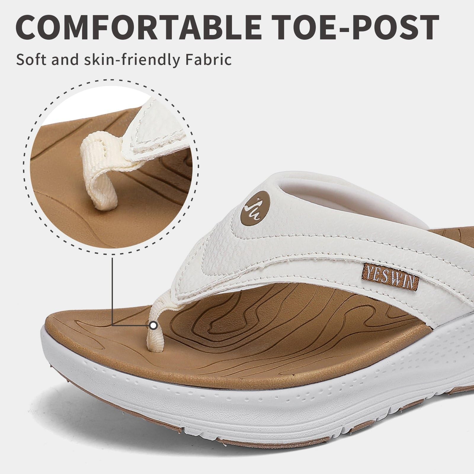 Women's Comfortable Platform Flip Flops, Arch Support, White Khaki, Size 6