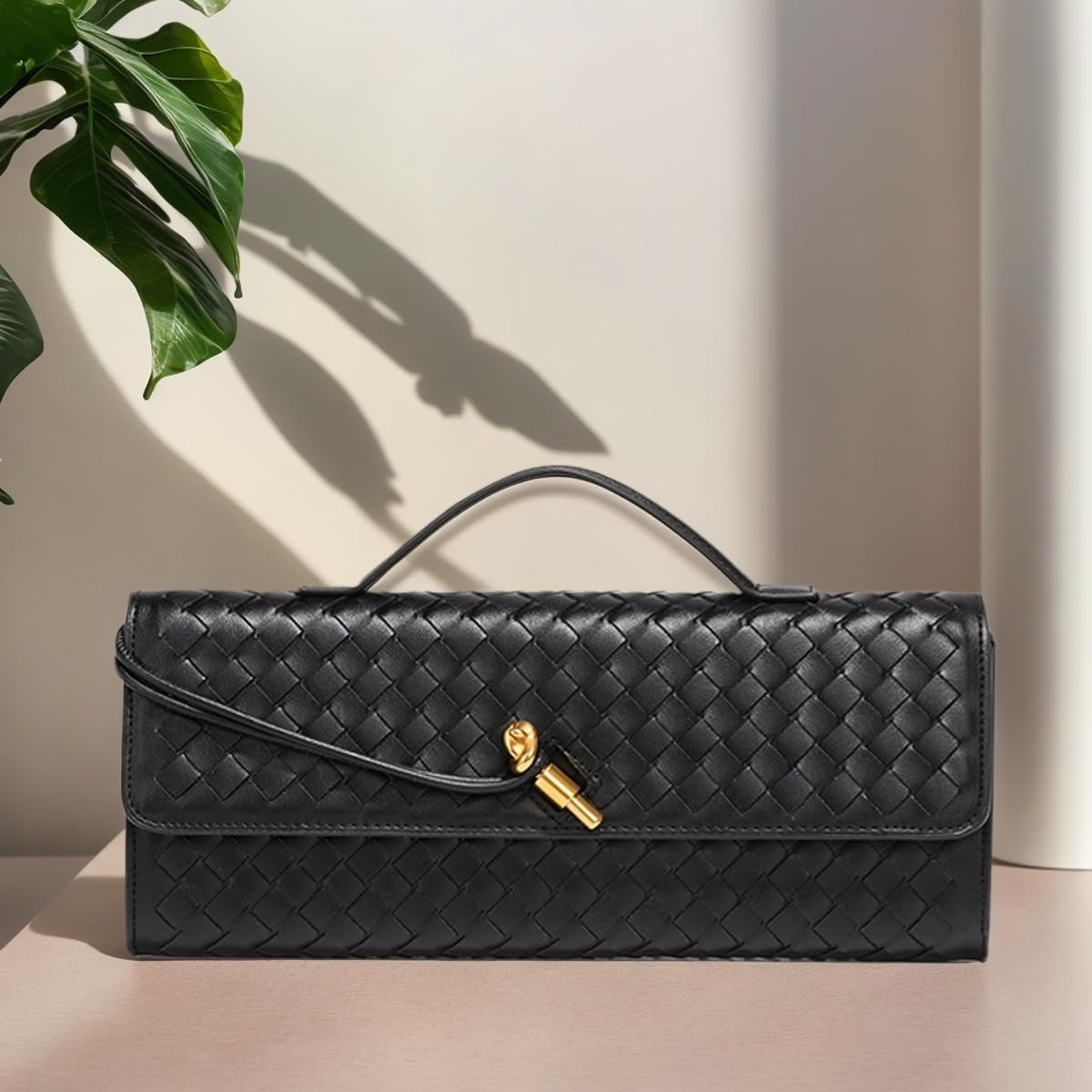 Women’s Dark Black Woven Handbag PU Leather Evening Clutch & Crossbody