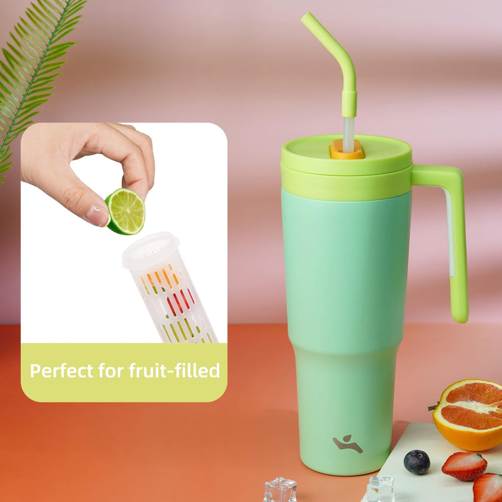 40 OZ Insulated Tumbler w/ Handle & Straw, Mist Blue Stainless Steel