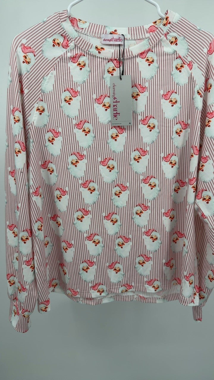 Santa Print Long Sleeve Top and Pants Lounge Set