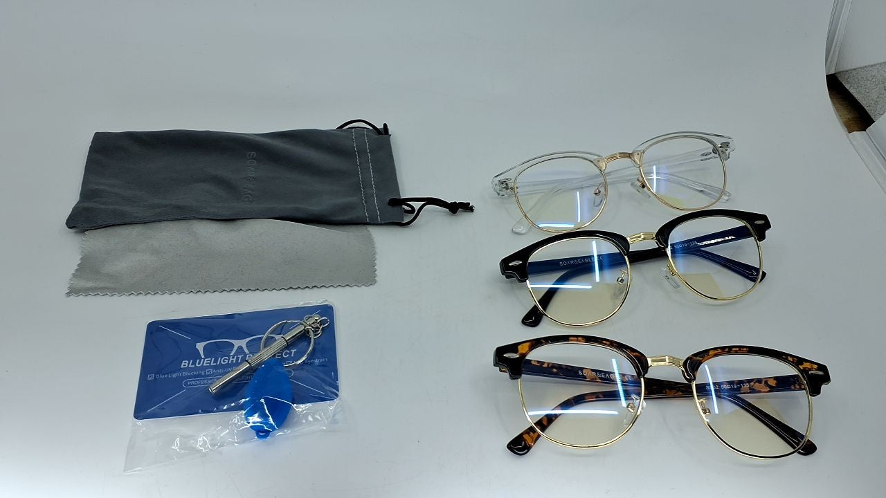 3 Pack Retro Blue Light Blocking Glasses, UV400, Bright Black/Amber/Crystal