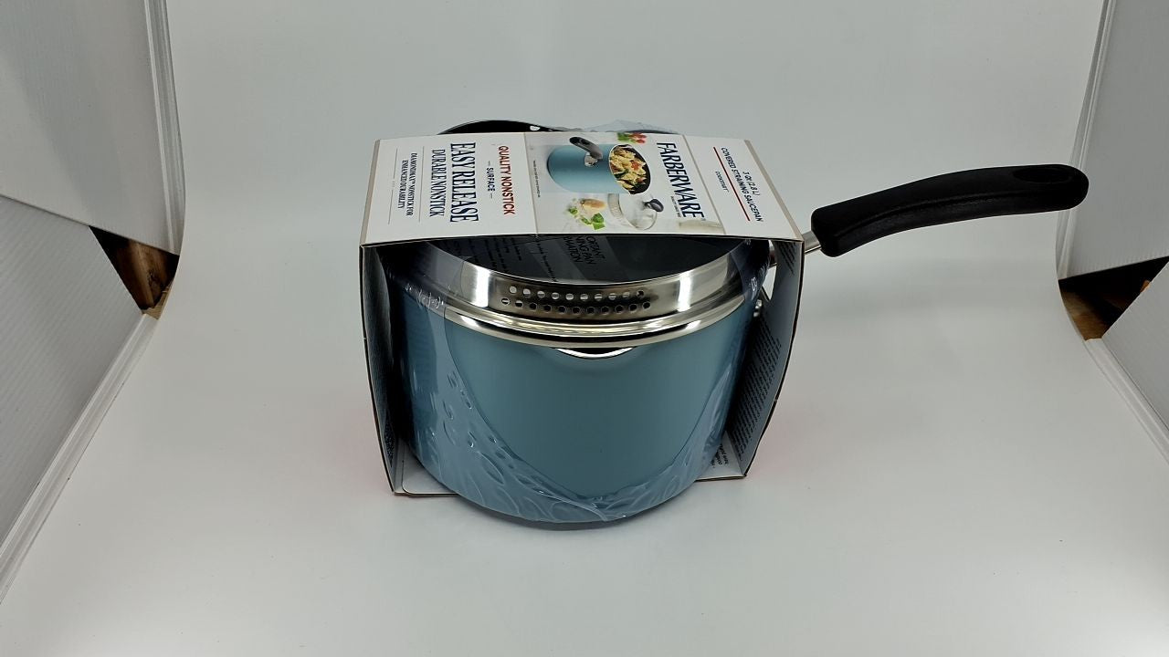 Farberware DiamondMax 3Qt Saucepan w/ Strainer Lid, Aqua, Dishwasher Safe