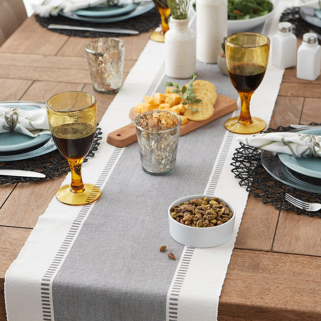 Dobby Stripe Table Runner 13x108in Cool Gray Cotton W/ Fringe