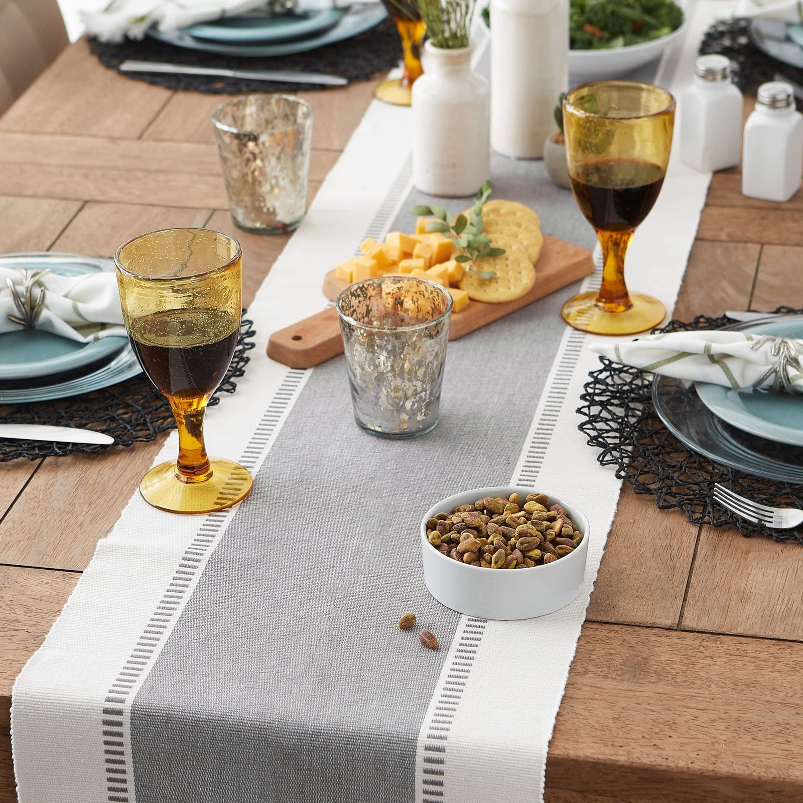 Dobby Stripe Table Runner 13x108in Cool Gray Cotton W/ Fringe