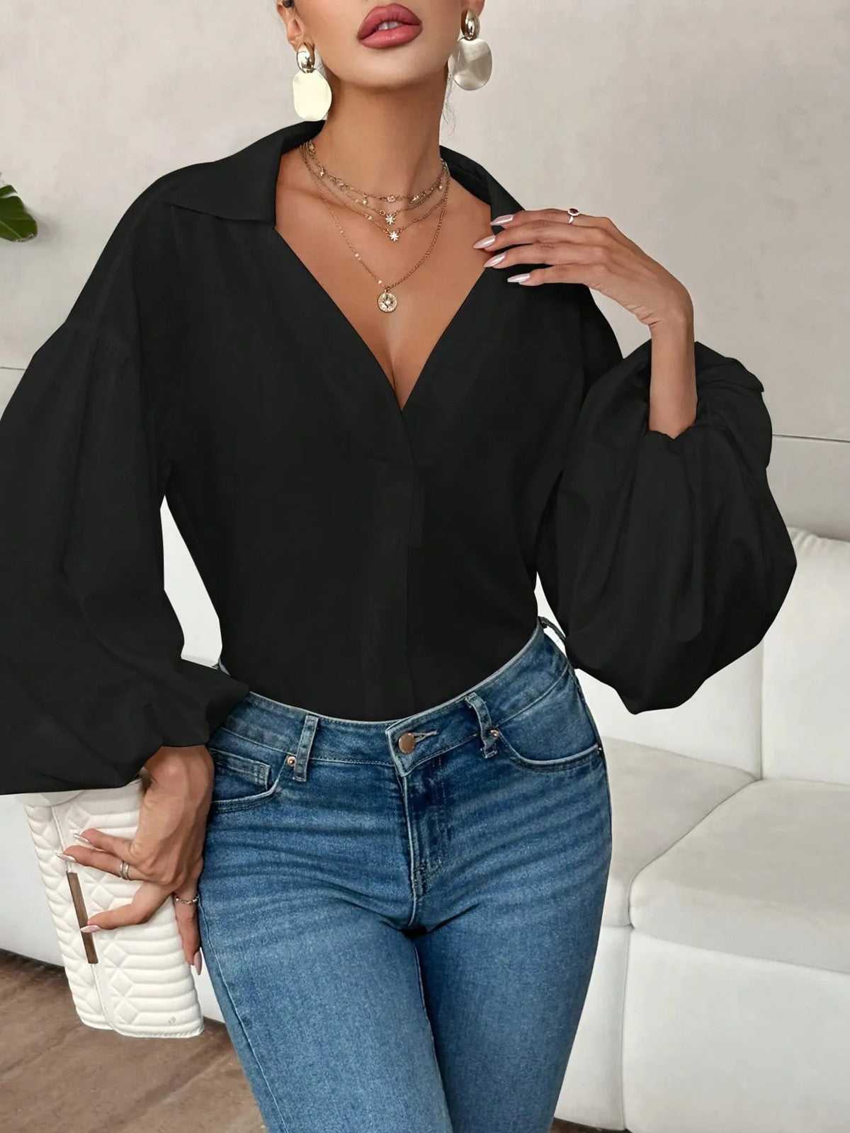 Polka Dot Balloon Sleeve Blouse