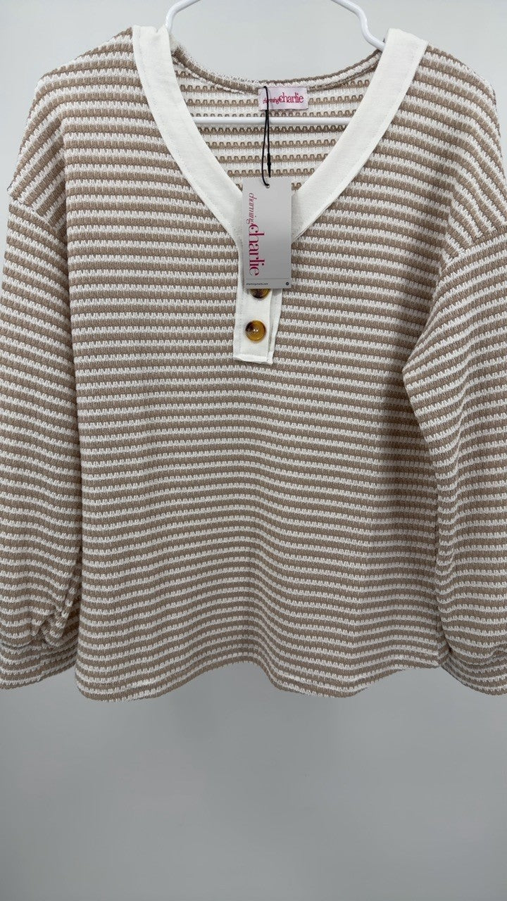 Striped Button Detail Long Sleeve T-Shirt