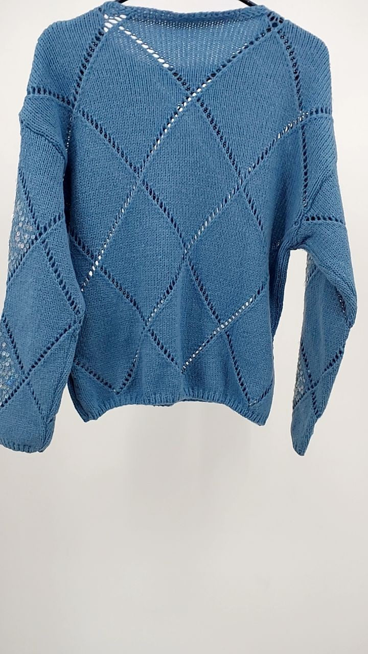 Openwork Round Neck Long Sleeve Knit Top