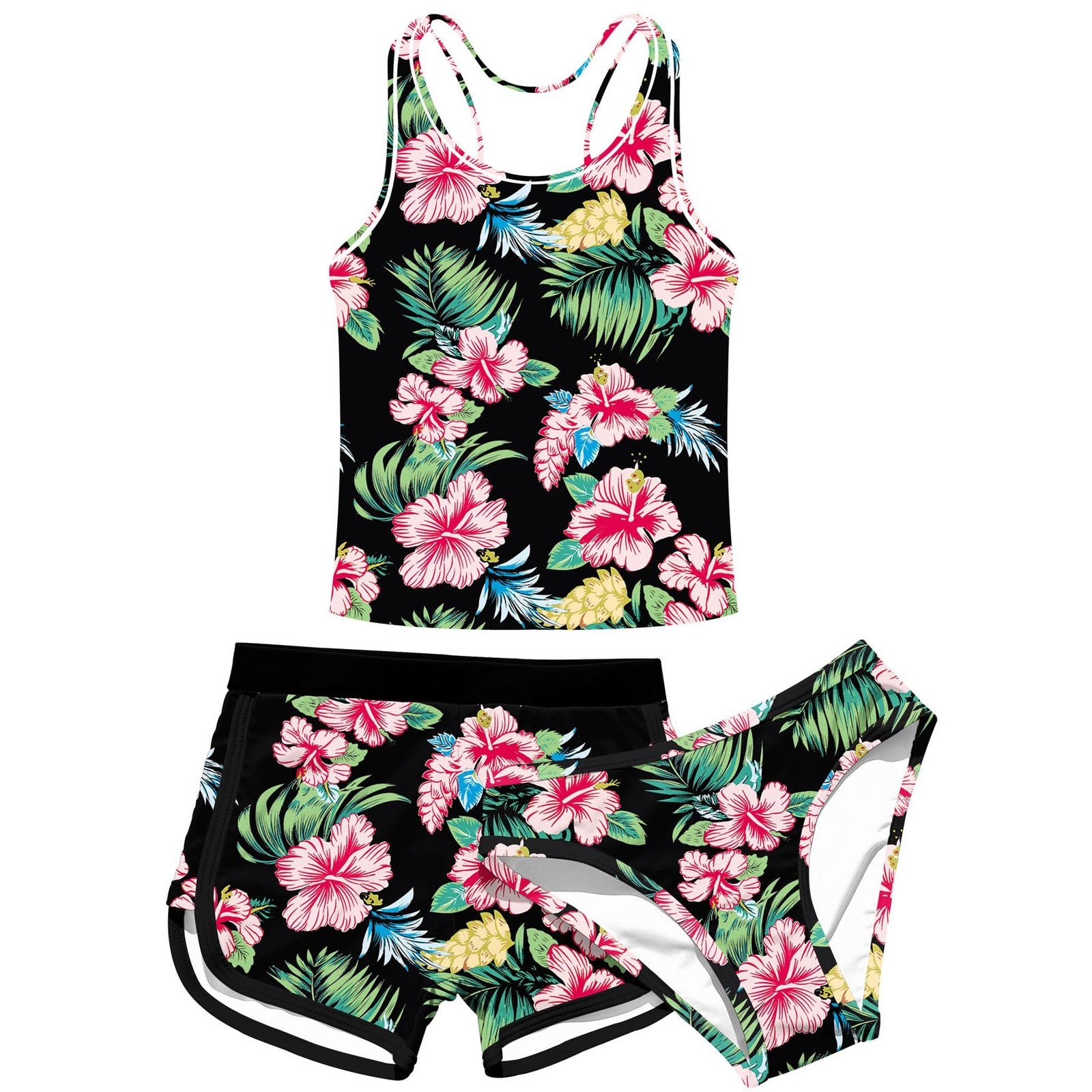 Hawaiian Floral Girls Tankini Swimsuit Size 10-11 w/ Shorts