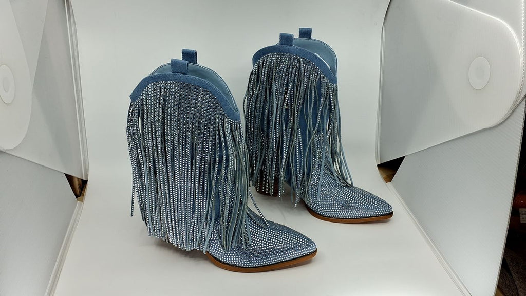 Women’s Cowboy Boots, Chunky Heel, Pointed Toe, Denim, Size 9.5