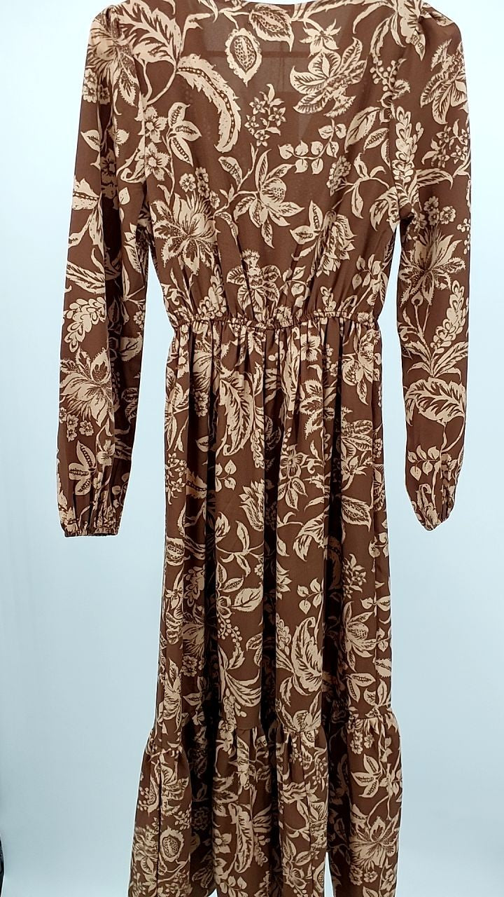 Ruched Printed V-Neck Long Sleeve Midi Dress
