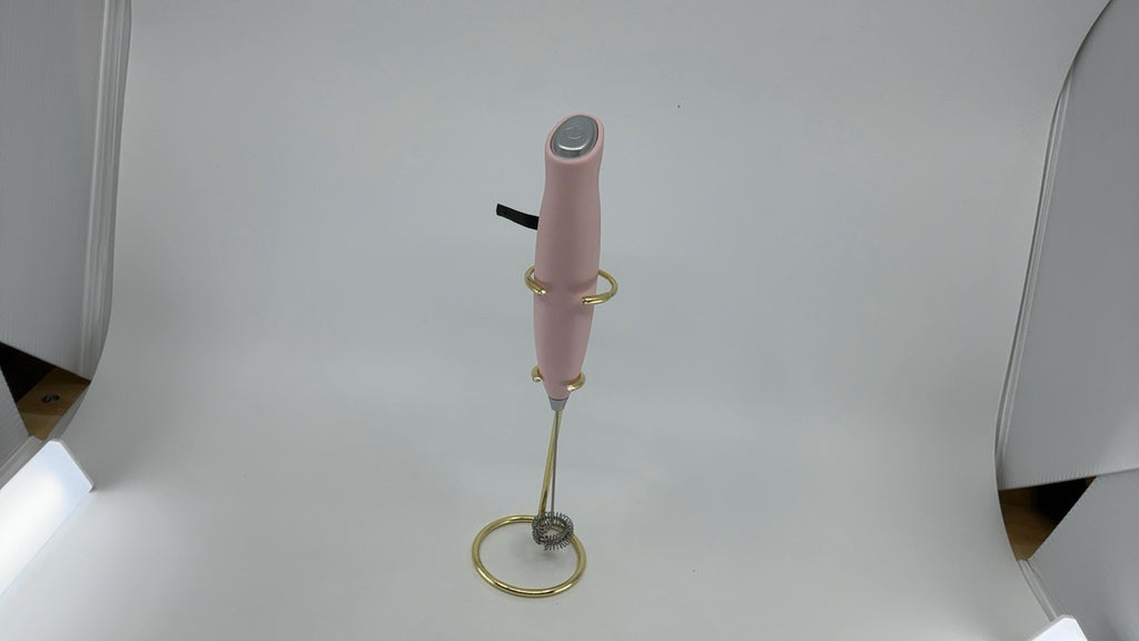 Battery Powered Milk Frother, Pink Handheld w/ Gold Stand & Coil Head
