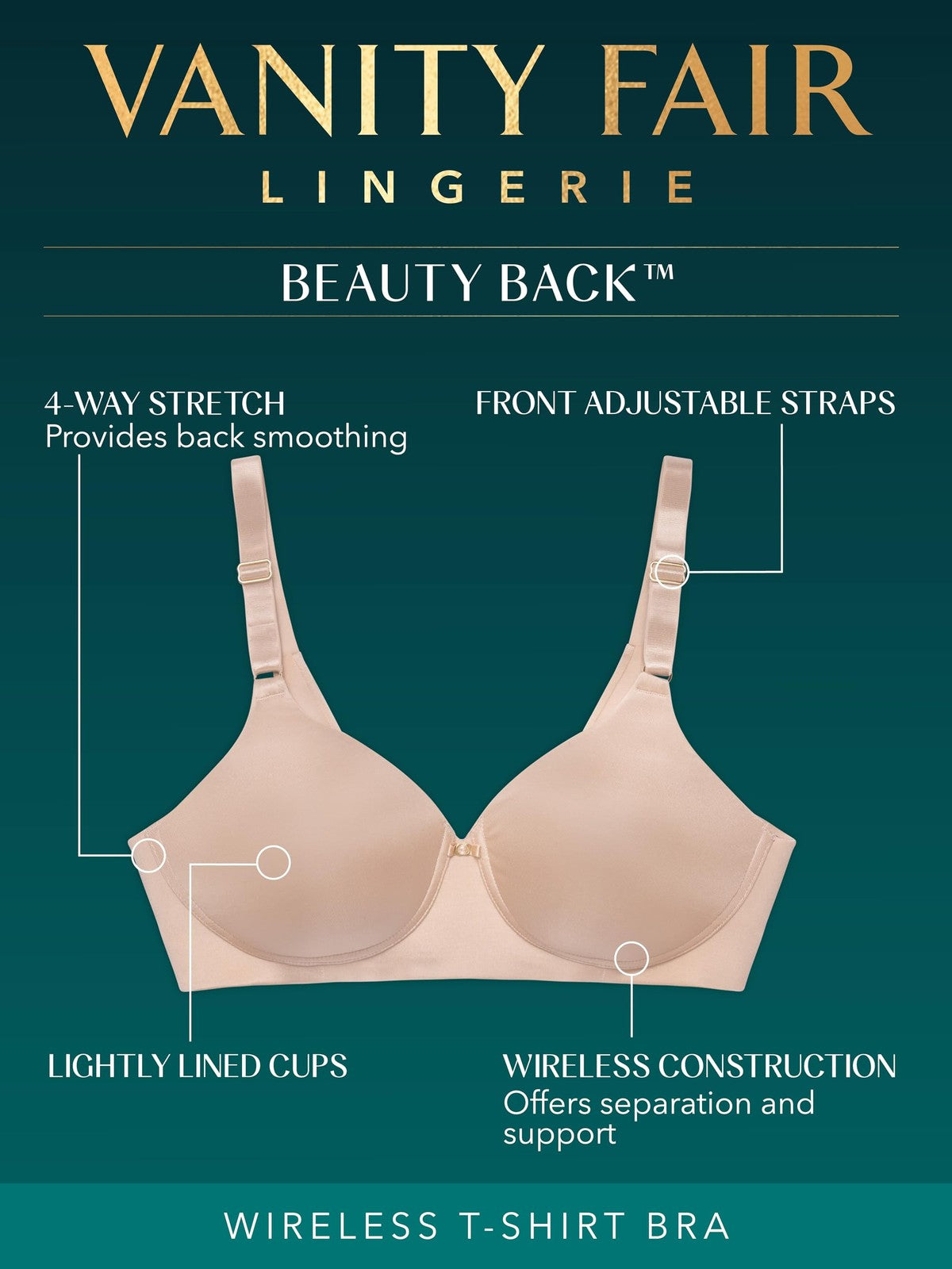 Vanity Fair Beauty Back Smoothing Bra 40B Wireless Beige 4-Way Stretch