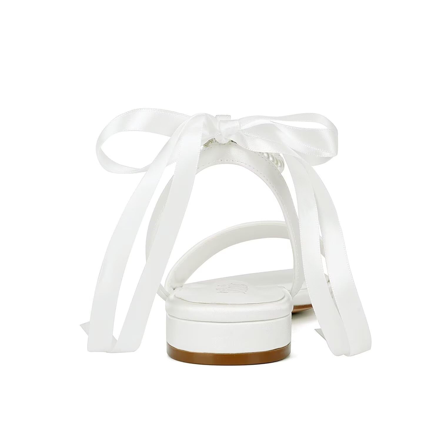 Bridal Satin Flats Sandals, Open Toe, Pearl Detail, Ivory, Size 8.5