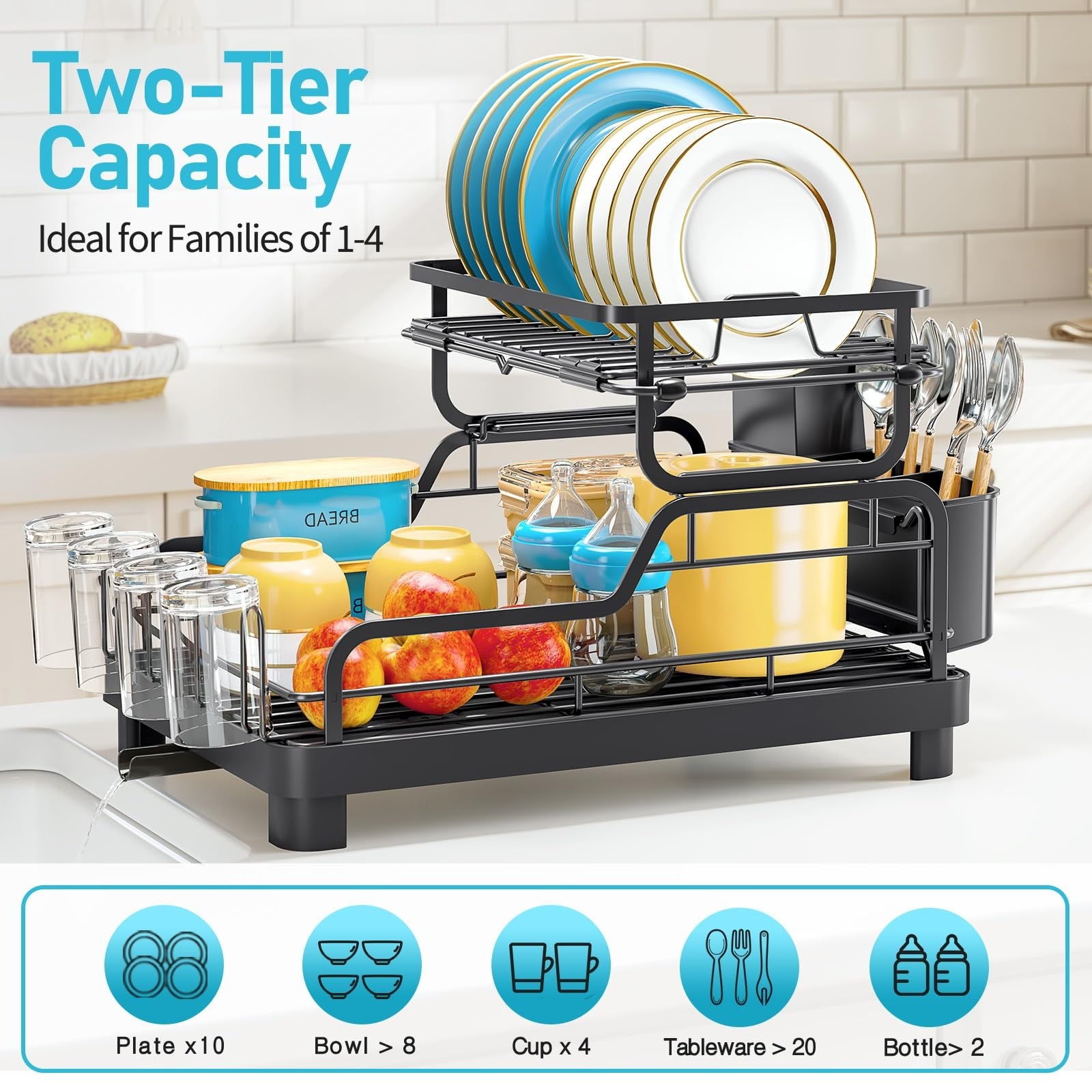 2 Tier Dish Drying Rack, Space Saving, Deep Black, Fits Over Sink