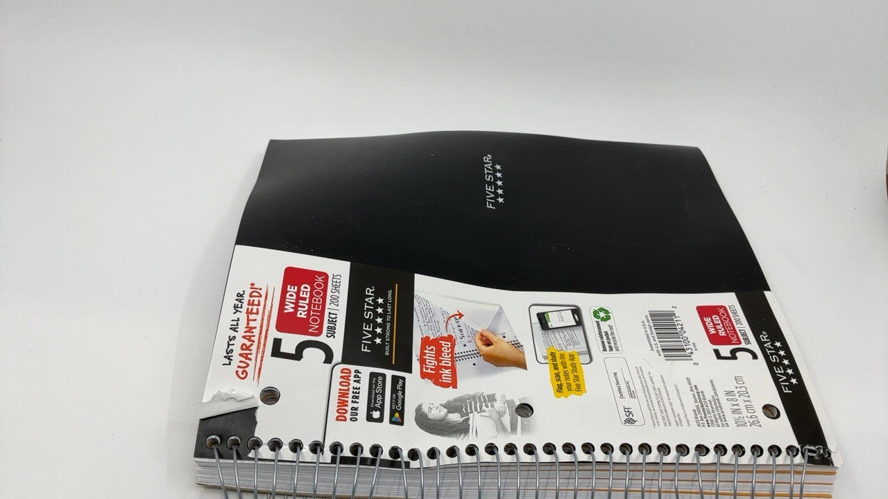 Five Star 5 Subject Spiral Notebook, Wide Ruled, 200 Sheets, Black