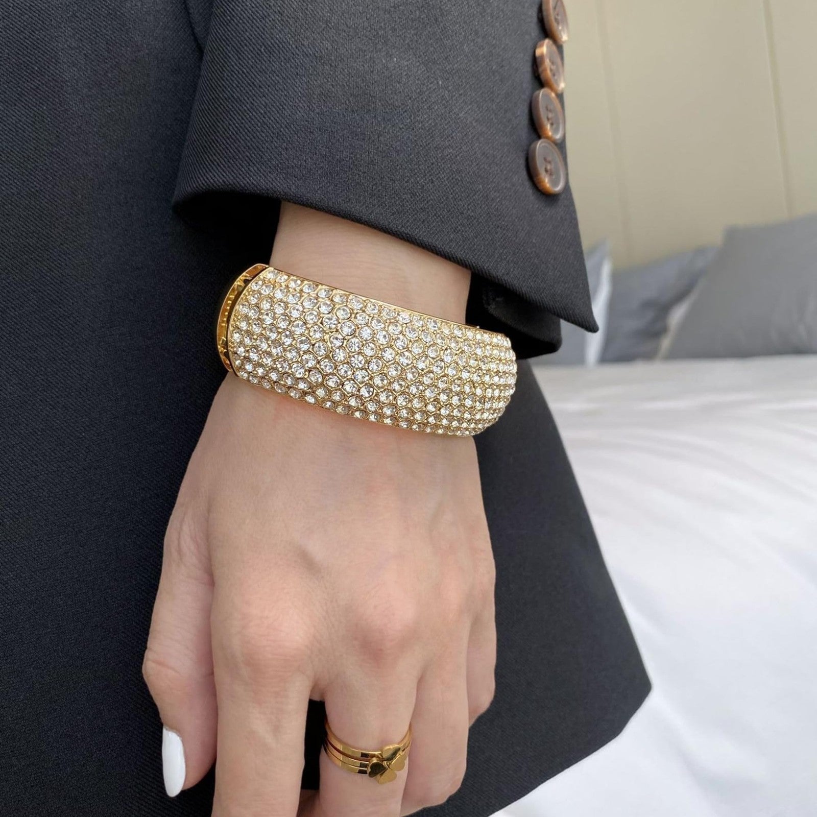 Rhinestone Gold Cuff Bangles for Women - Chunky Bracelet Jewelry