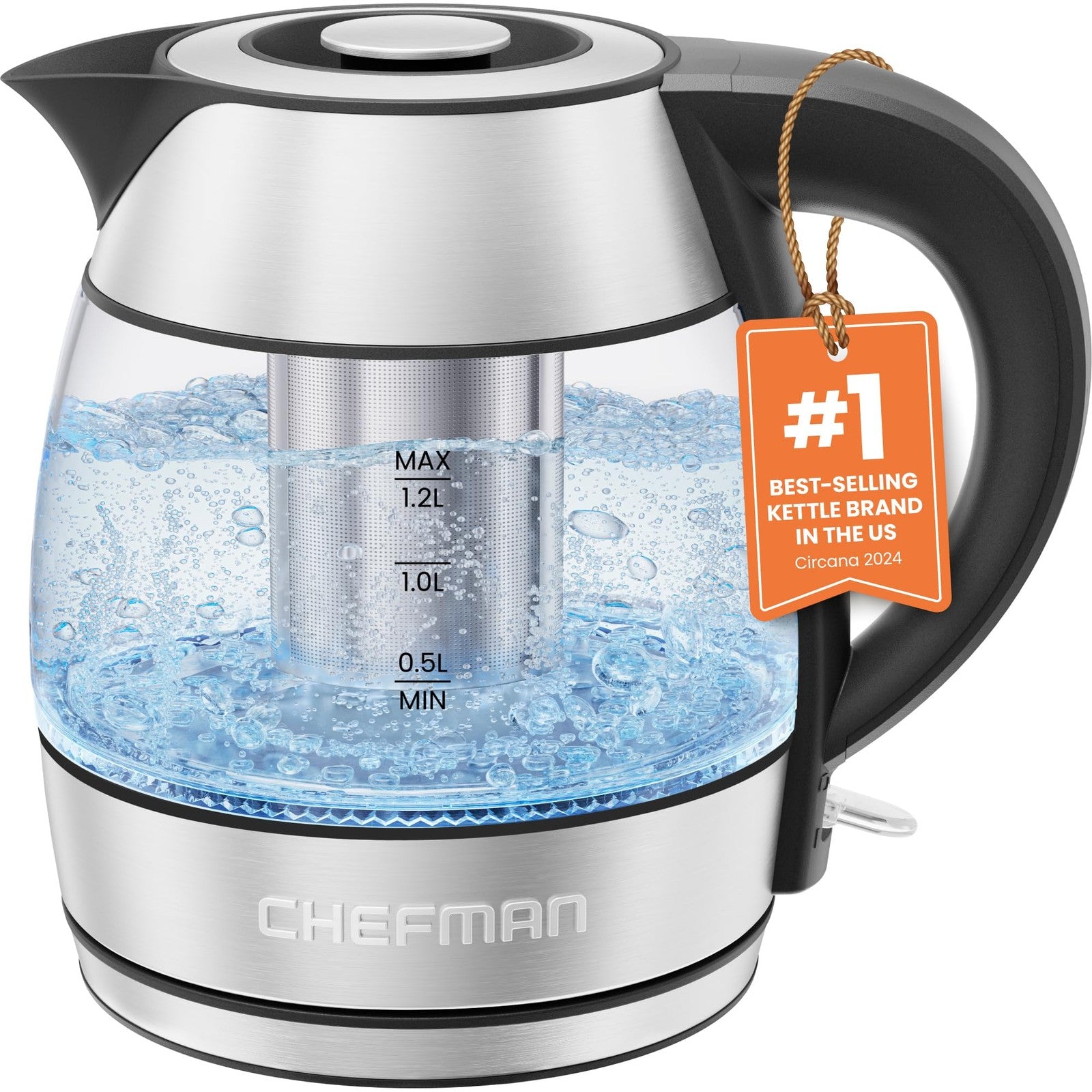 1.2L Cordless Electric Kettle, Chefman, LED Light, Boil-Dry Protection