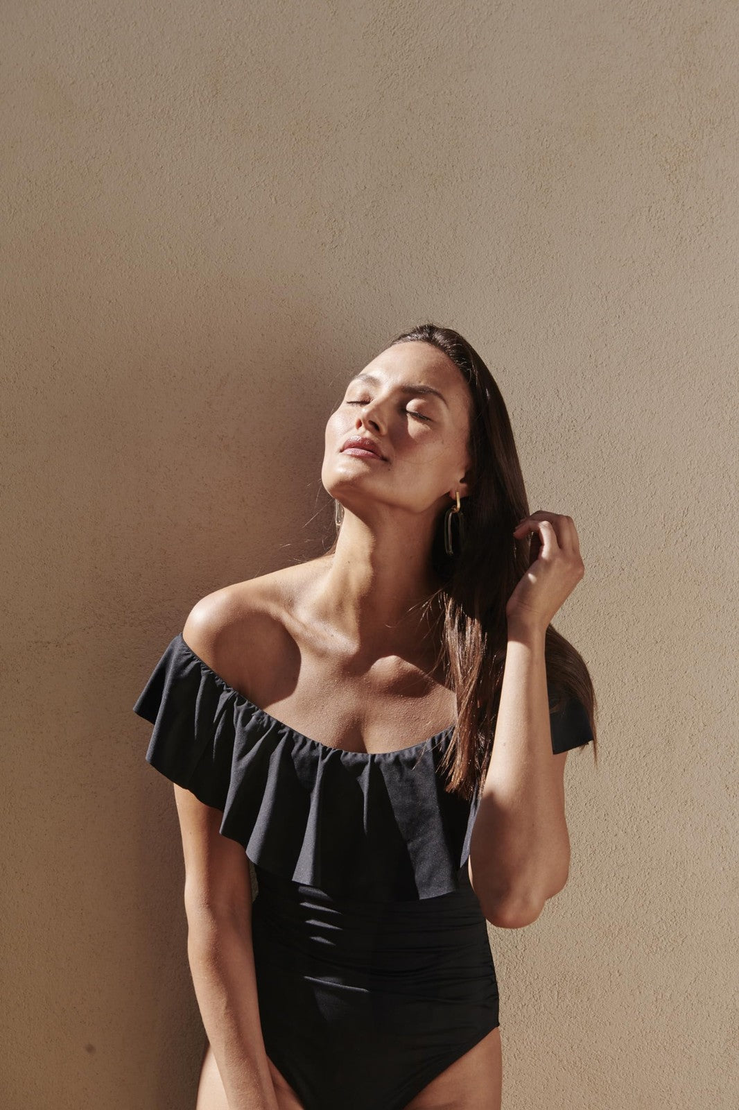 Black Off Shoulder One Piece Swimsuit Size 10 Nylon Blend