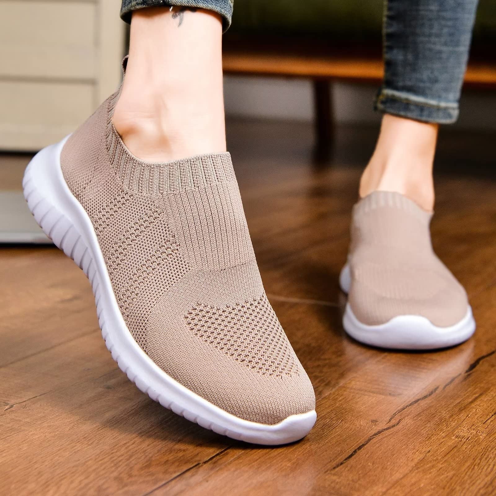 Slip On Athletic Walking Shoes for Women Apricot 39.5 - Comfortable Sneakers