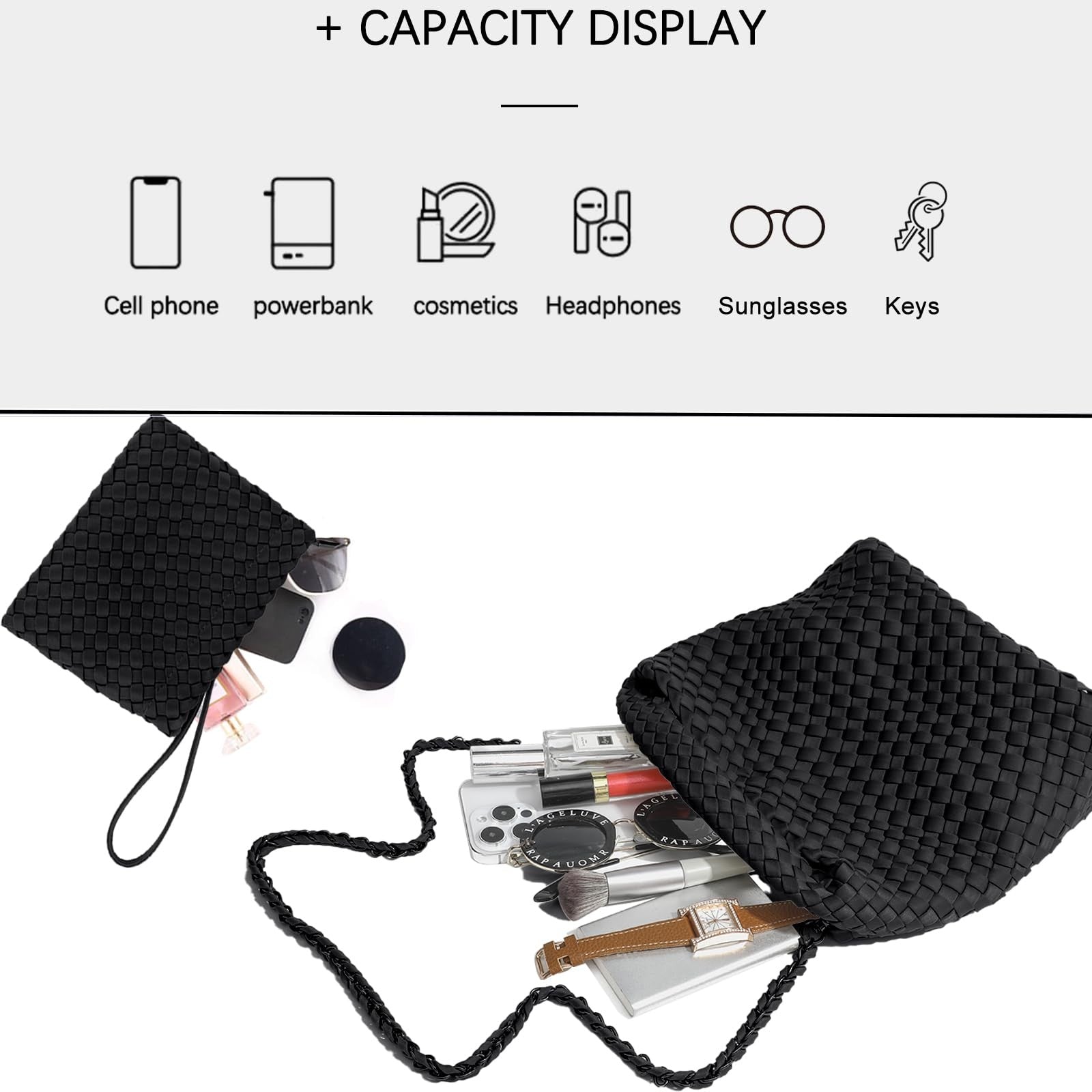 Ladies Black Neoprene Woven Tote Bag & Wallet - Adjustable Shoulder Bag