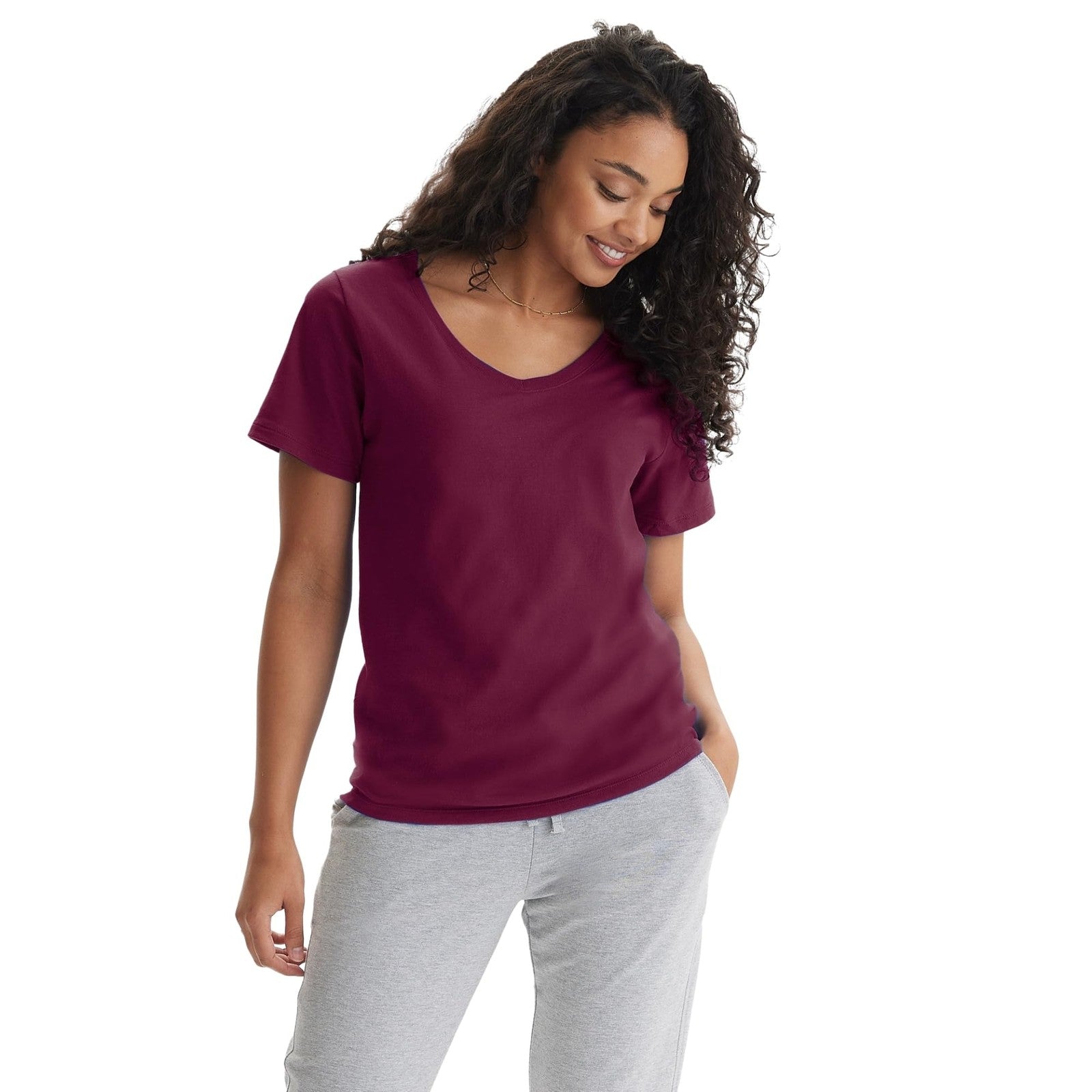 Hanes Women's Maroon Perfect-T V-Neck Tee, Large, Cotton Short Sleeve