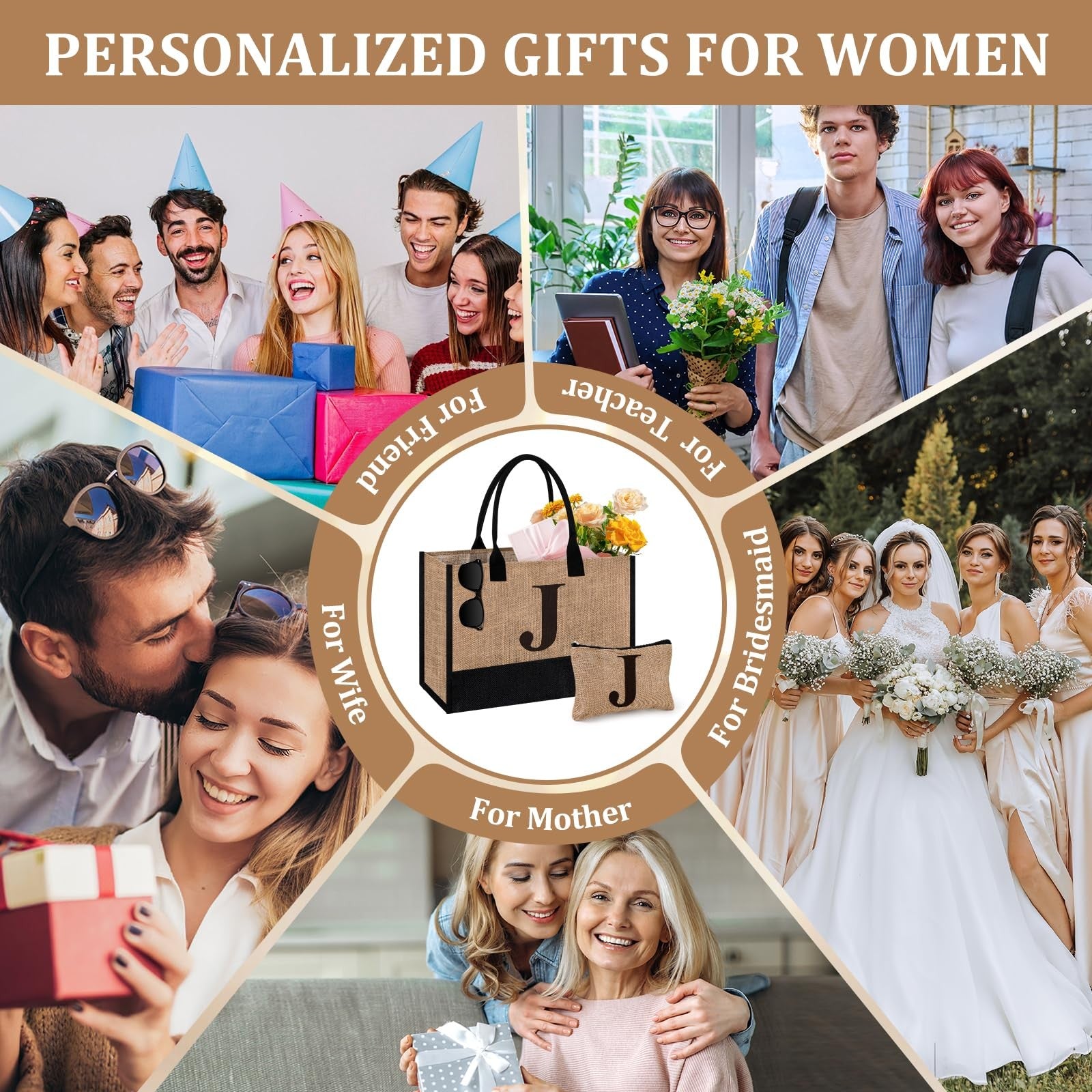 Personalized Jute Tote Bag & Makeup Bag, Stylish Gift for Women
