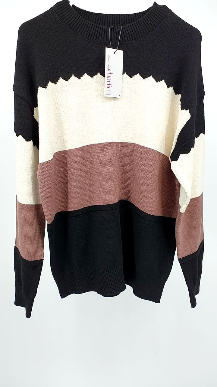 Color Block Crew Neck Drop Shoulder Sweater