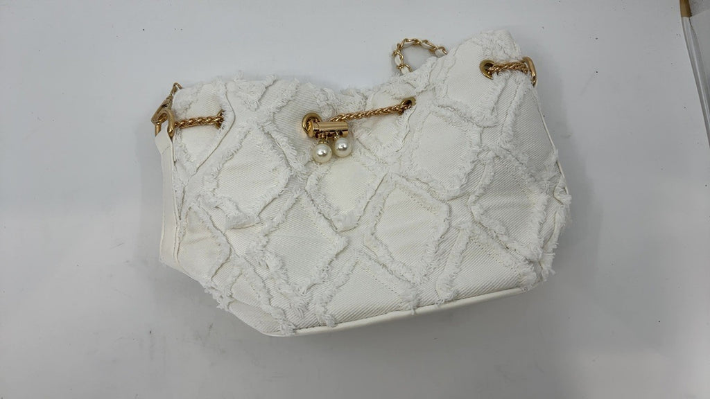 Extolove White Denim Bucket Bag Quilted Drawstring Hobo Purse