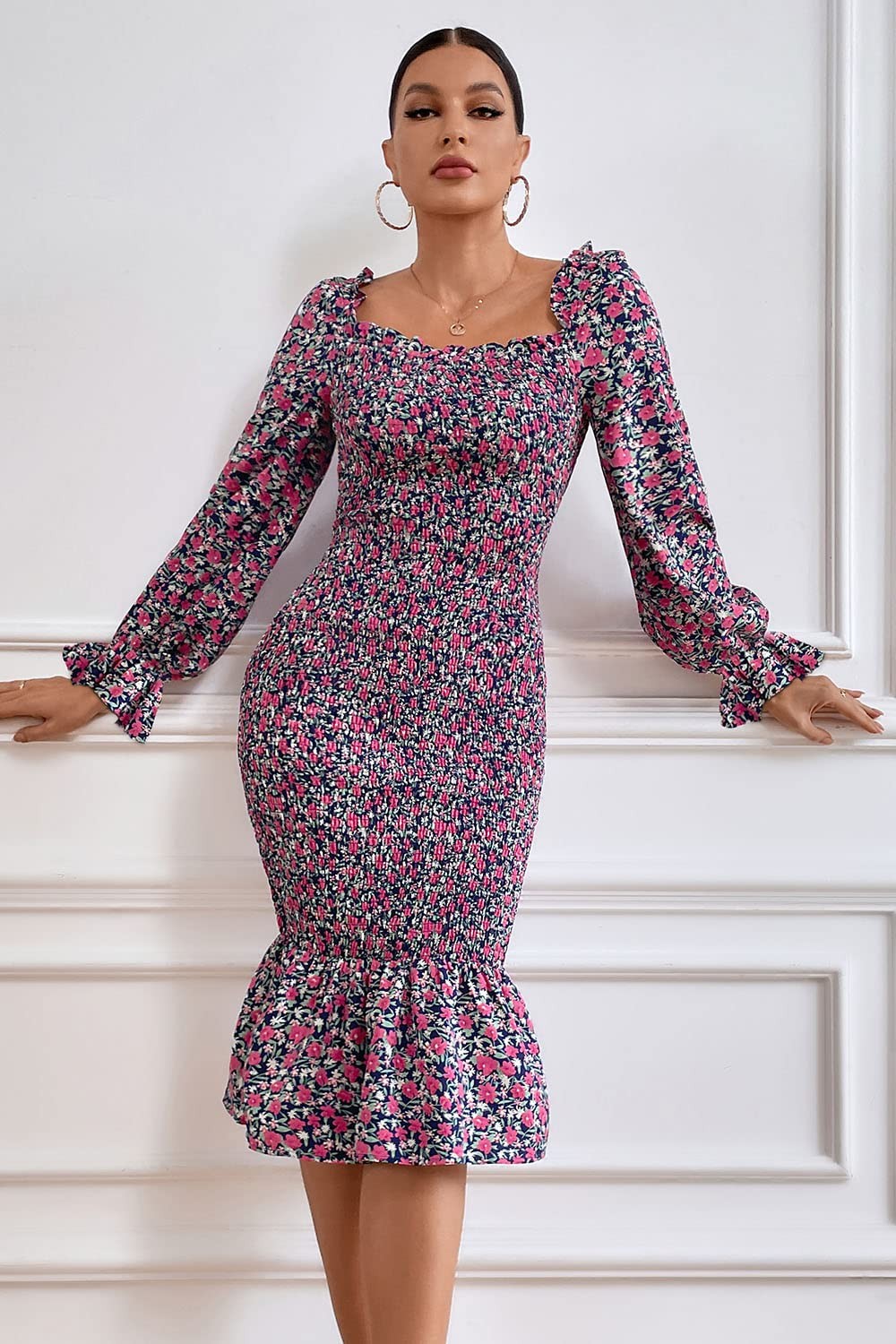 Floral Midi Bodycon Dress w/ Puff Sleeves, Square Neck, Blue Purple, M