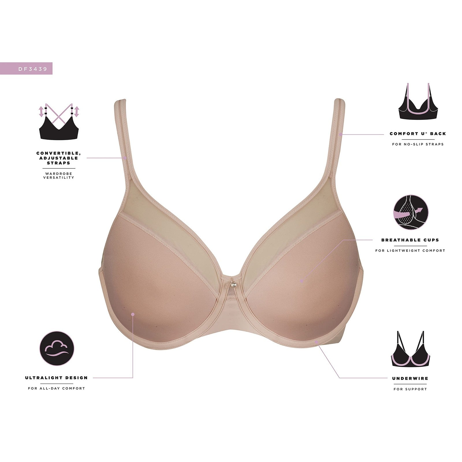 Bali One Smooth U Bra, Ultra Light, Convertible, Black, 34DD