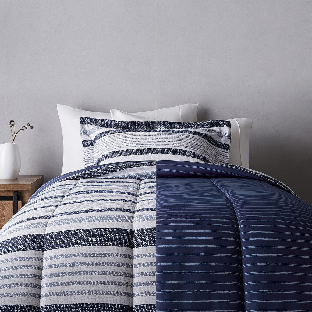 Twin/Twin XL Comforter Set, Reversible Microfiber, Blue Denim/Beige Stripes