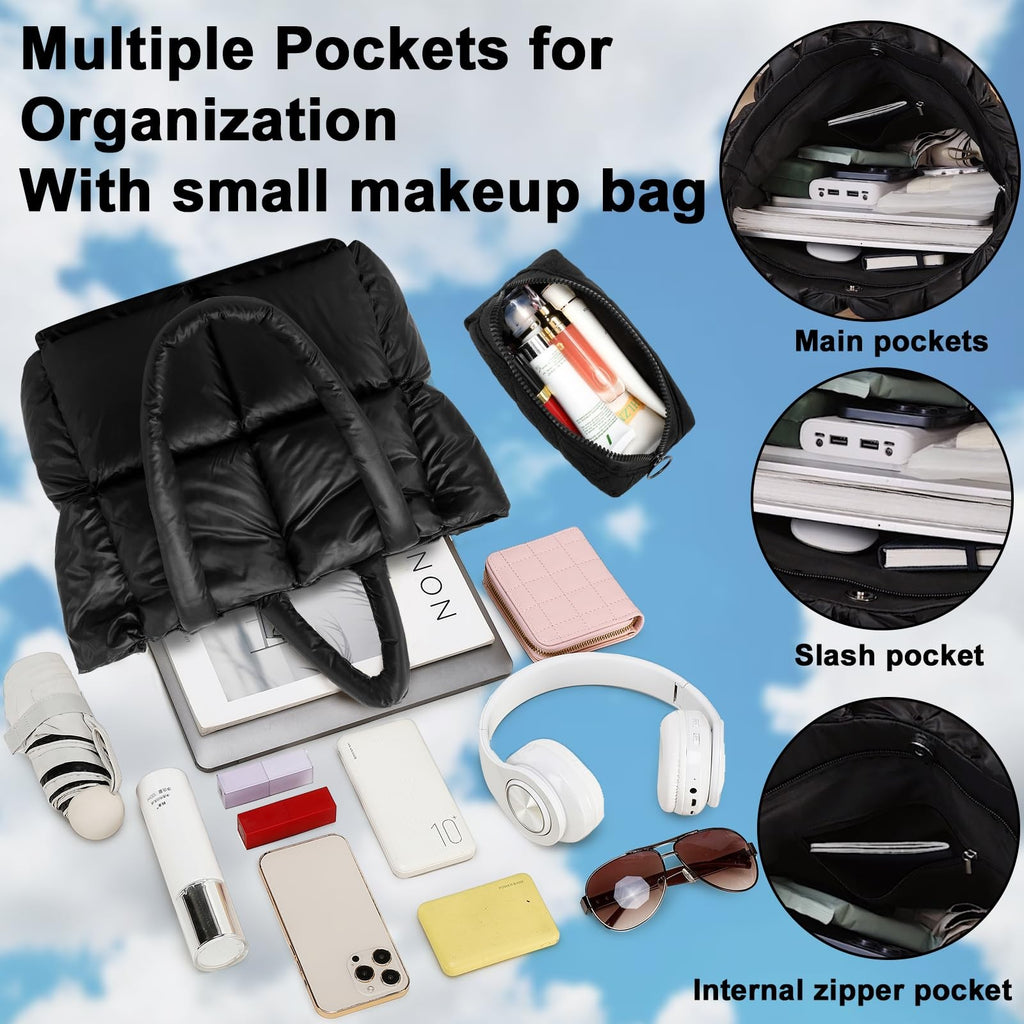Quilted Puffer Tote Bag for Women, Lightweight Shoulder Bag, Black