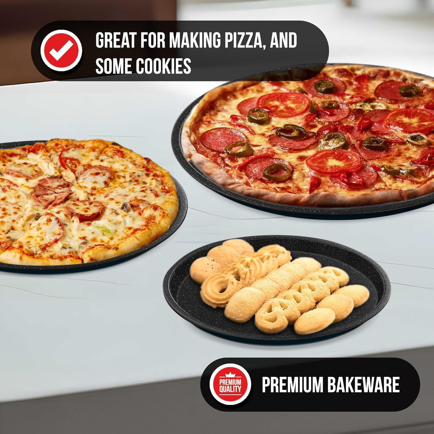 Gray Marble Pizza Baking Pans Set of 3, Non Stick, Oven Safe, Carbon Steel