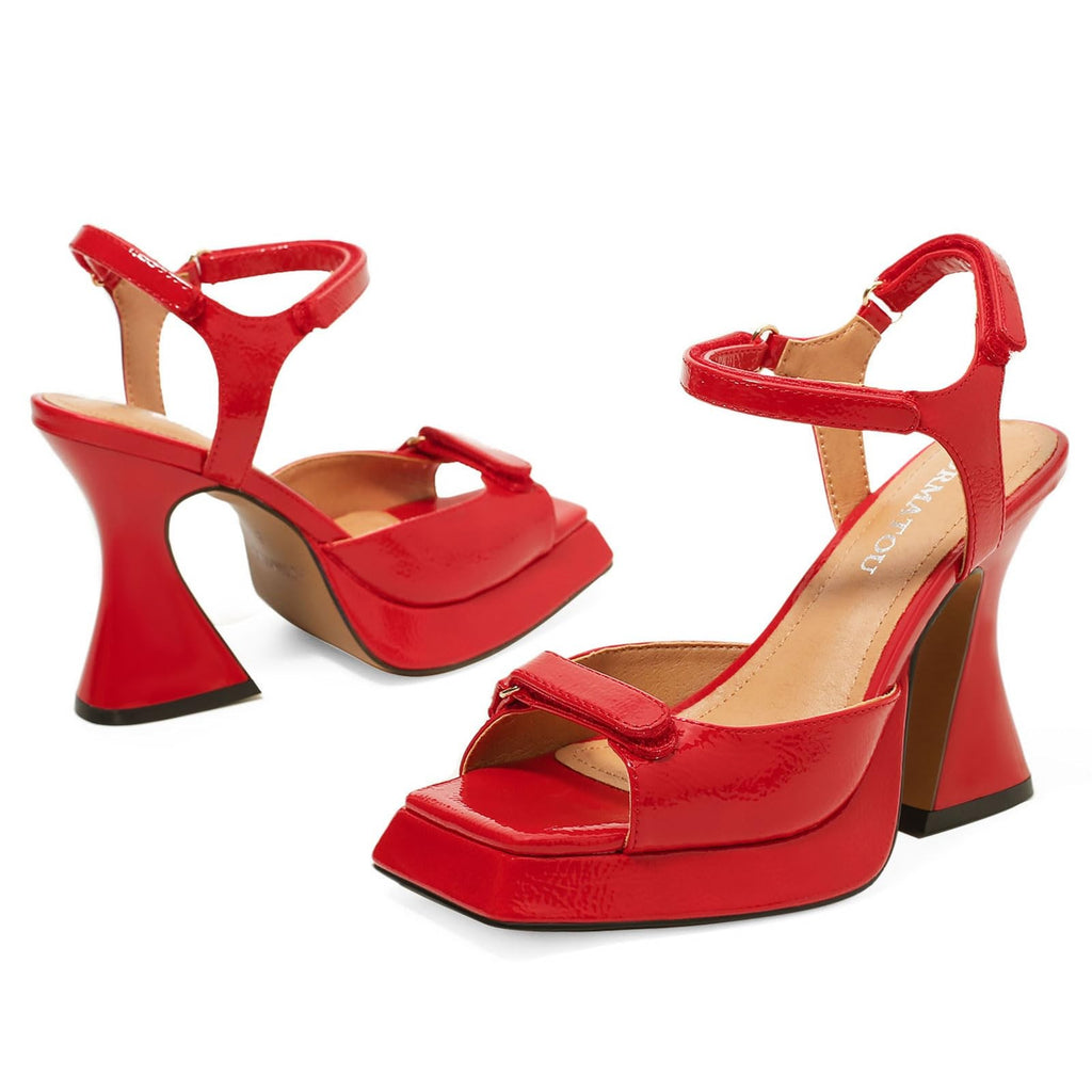 Comfy Red Platform Heels 4 In Block Heel Ankle Strap Size 8