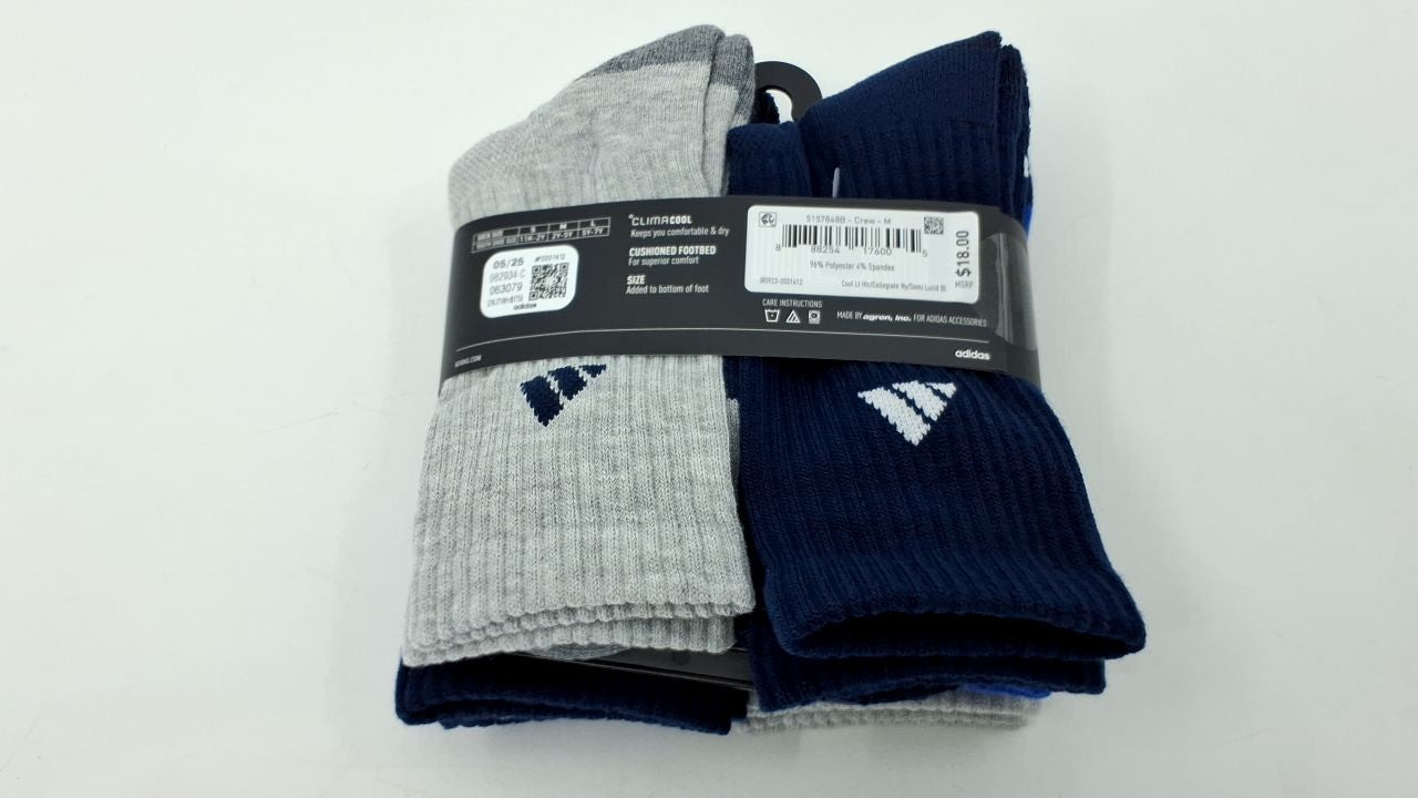 adidas Kids Crew Socks 6-Pack Youth Cushioned Mid-Calf Cool Light Heather Size M