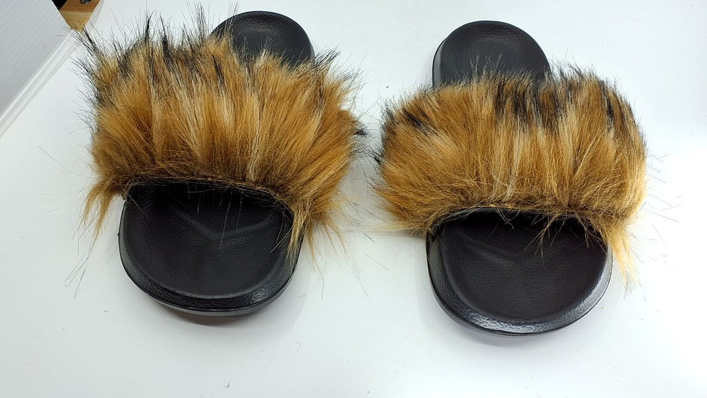 Fluffy Open Toe Slippers for Women Natural Faux Fur Size 9-10