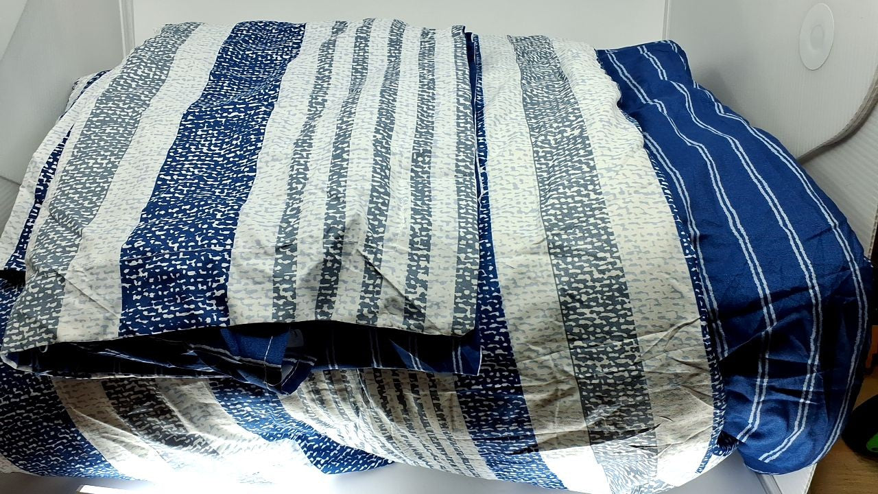 Twin/Twin XL Comforter Set, Reversible Microfiber, Blue Denim/Beige Stripes