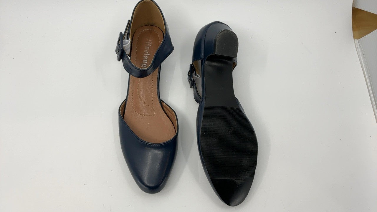 Enelauge Women's Matte Navy Ankle Strap Low Chunky Heel Pumps 7.5