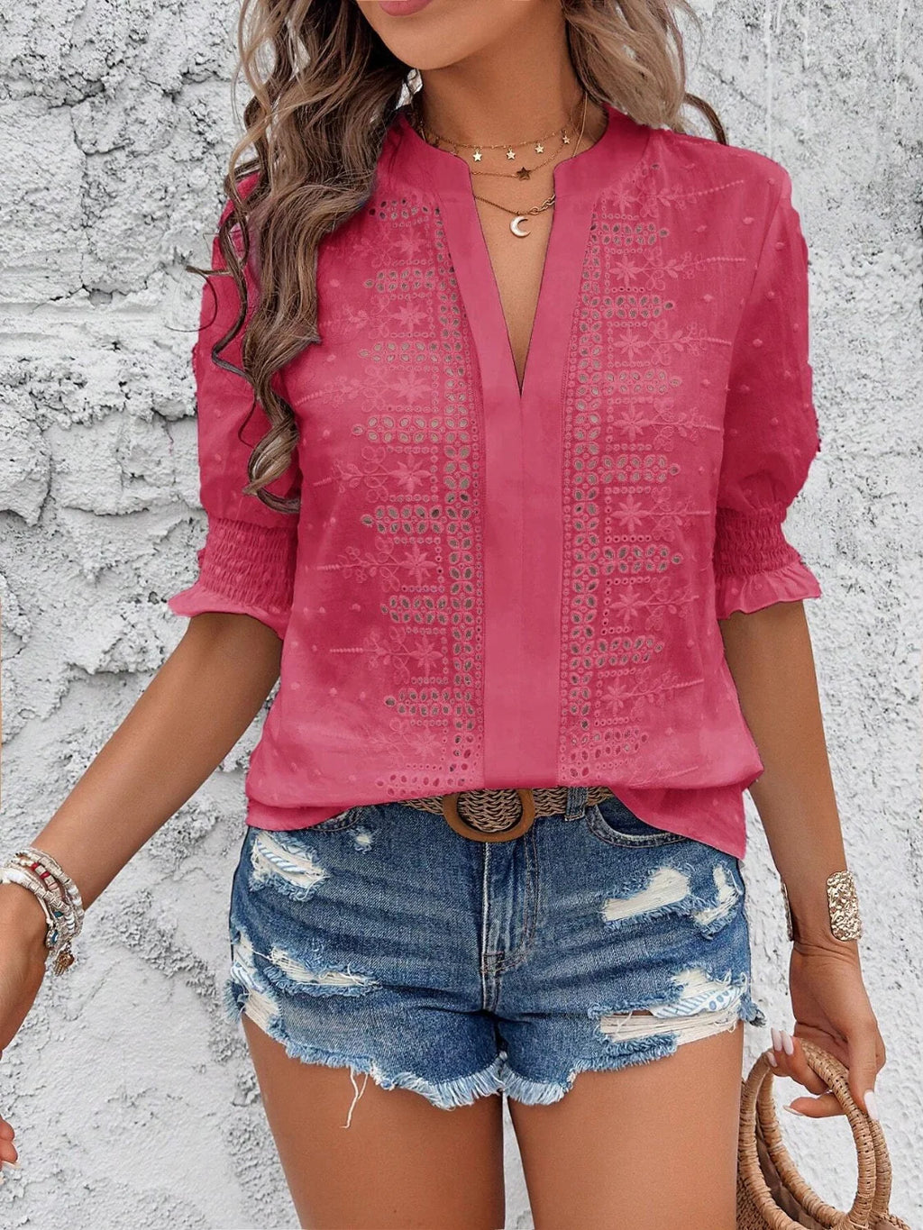 Eyelet Notched Flounce Sleeve Blouse