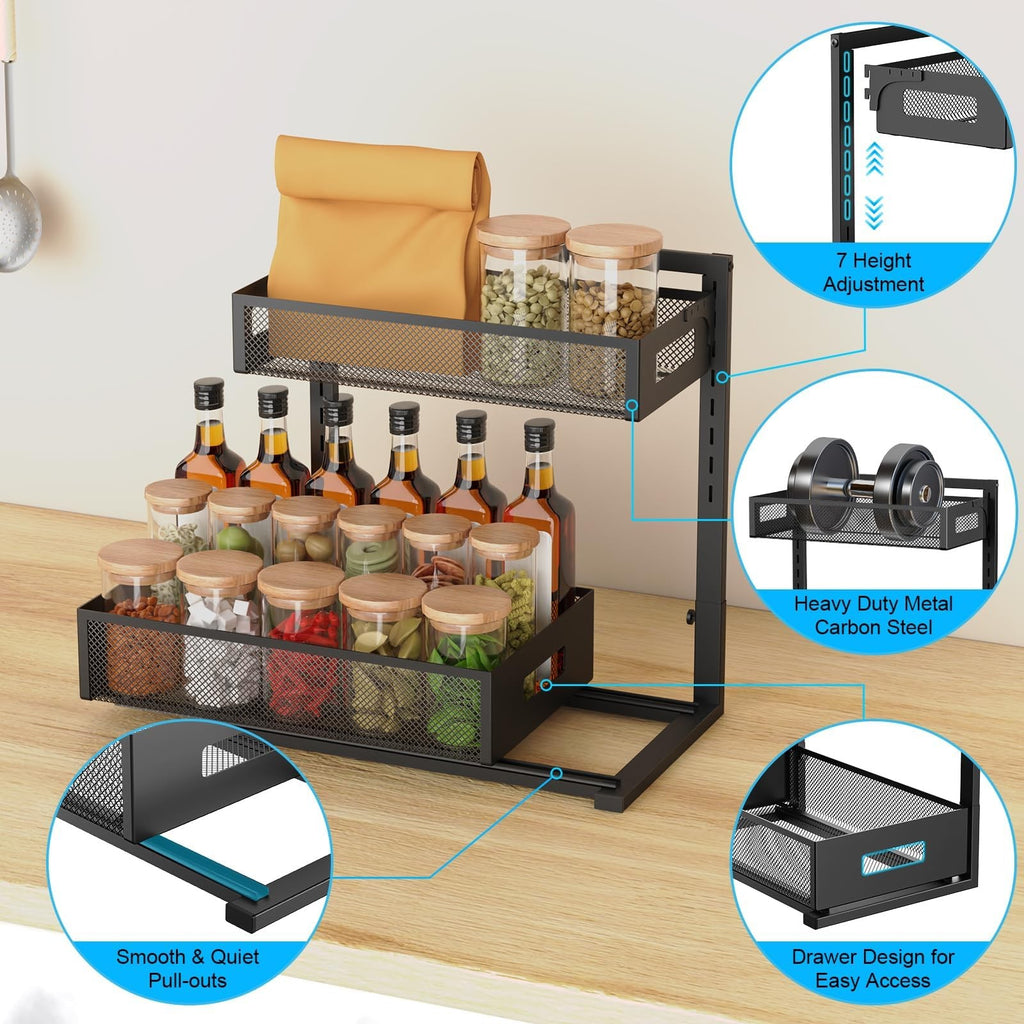 2-Tier Under Sink Organizer - Adjustable & Pull Out, Black Alloy Steel