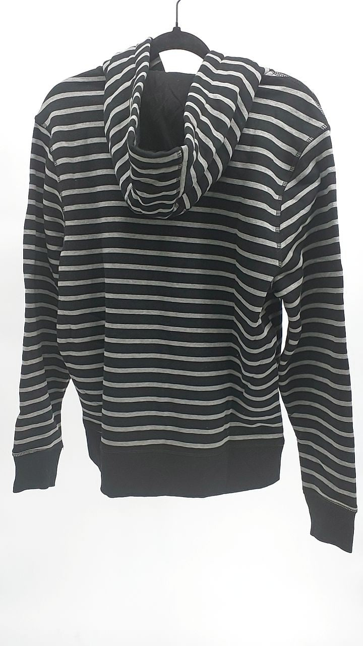 Medium Men's Fleece Hoodie, Black Grey Stripe, Full-Zip Style