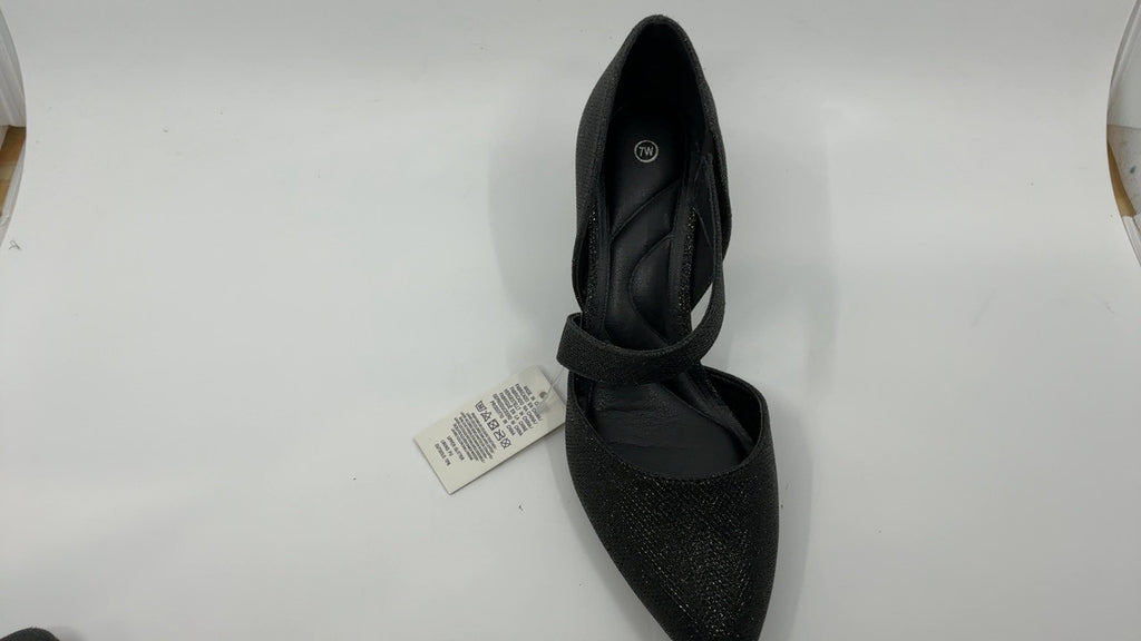 Size 7 Black Glitter Ankle Strap Kitten Heels, Pointed Toe