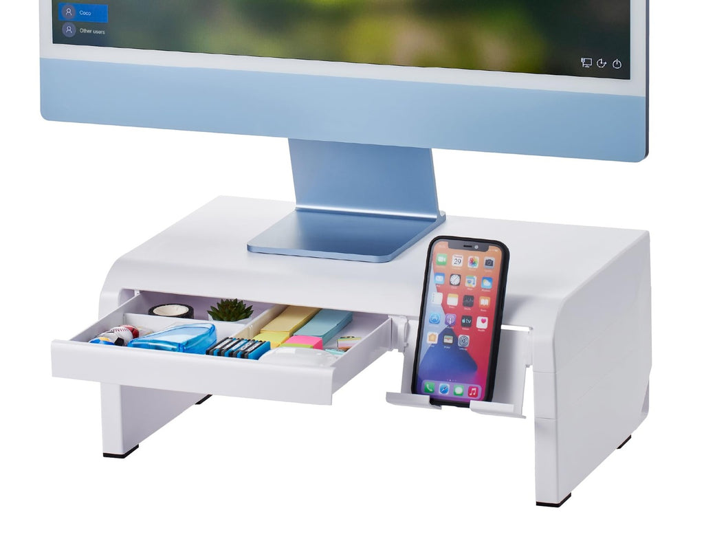 Adjustable Monitor Riser w/ Drawer, Phone Holder & Rubber Feet - White
