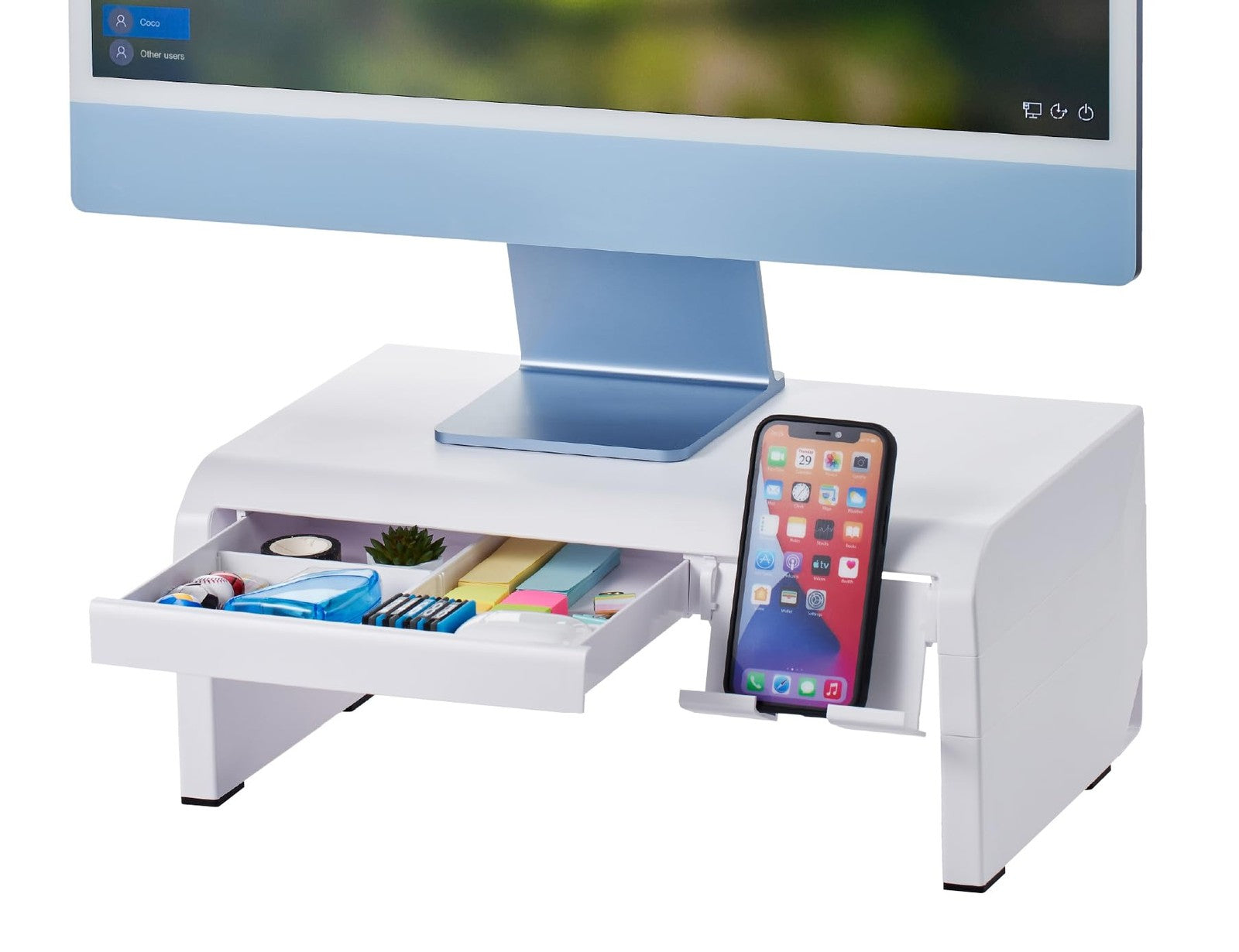 Adjustable Monitor Riser w/ Drawer, Phone Holder & Rubber Feet - White