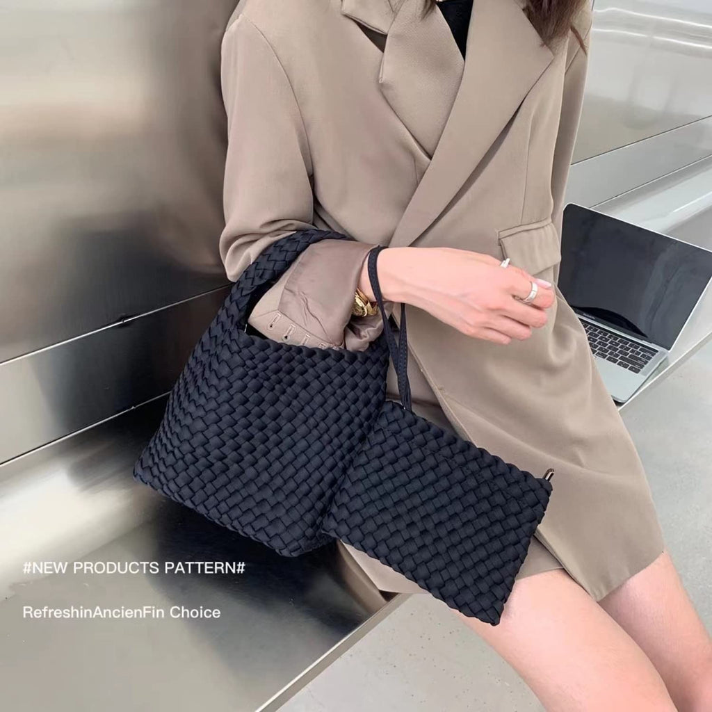 Ladies Black Woven Hobo Tote Bag & Wallet - Adjustable Strap